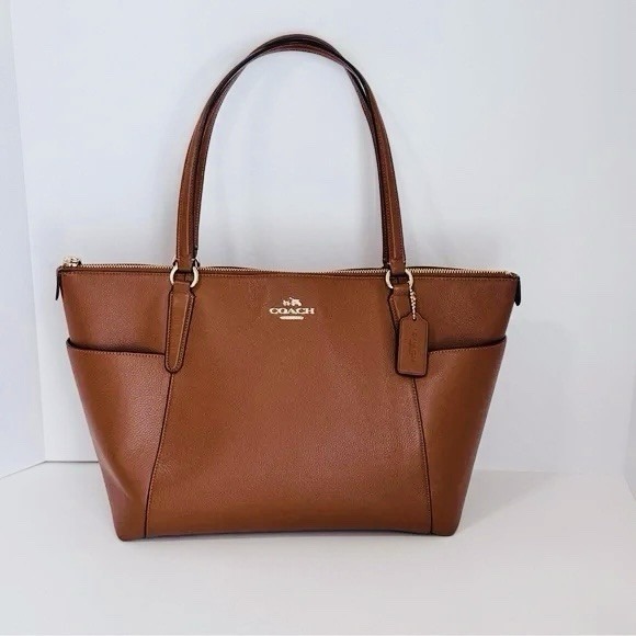 Coach Handbags - Coach Ava Saddle Tote Cognac Pebbled Leather Large Zip Top Shoulder Bag 17.5"